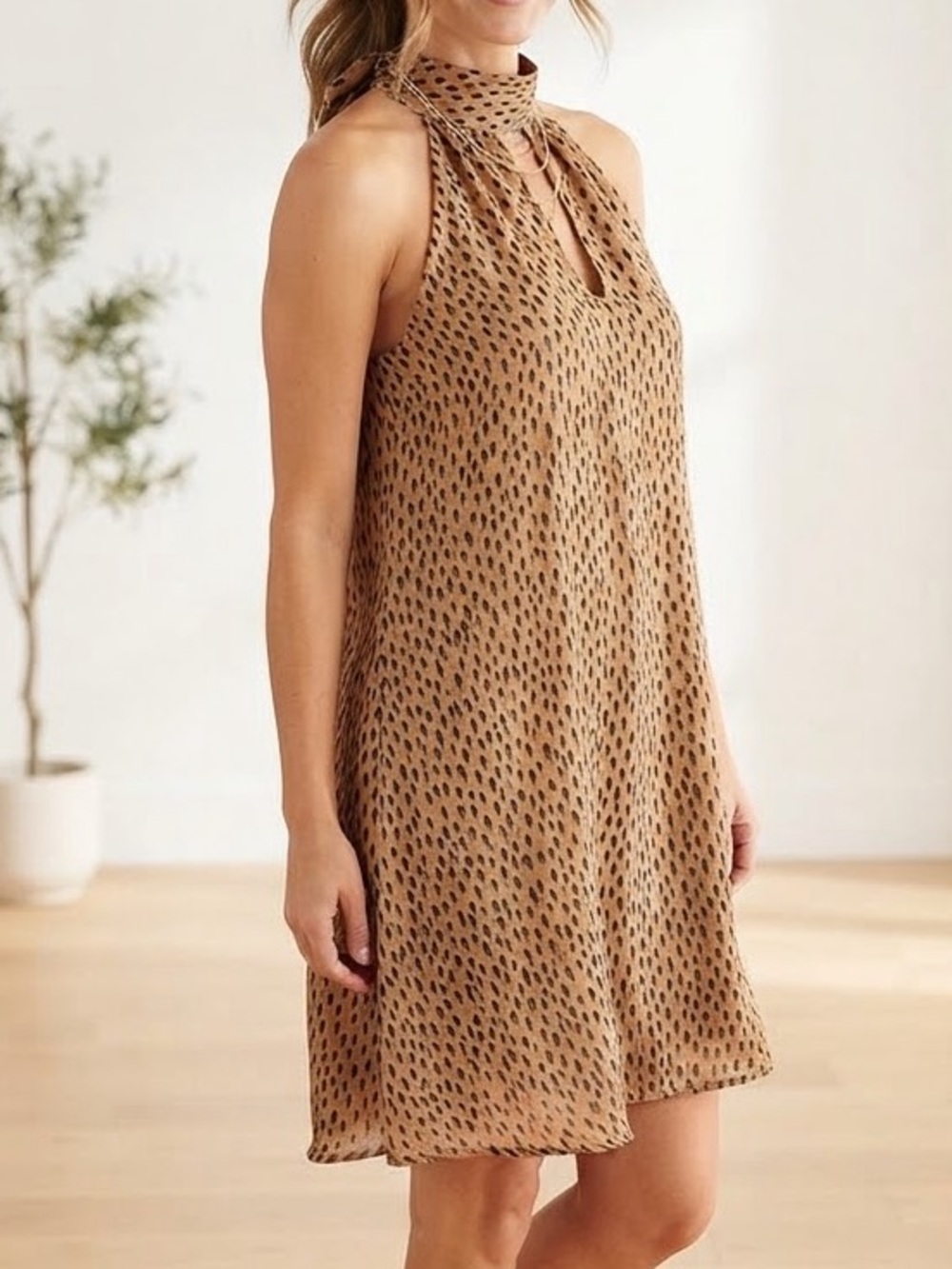 Banana Republic Tan Printed Halter Swing Dress with Keyhole Neck